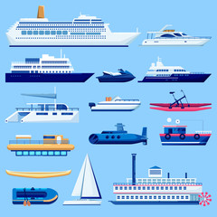 Water vessel transport icons set. Vector flat vehicle illustration. Sail boats, cruise ship, yacht on blue background - obrazy, fototapety, plakaty