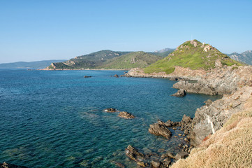 Fototapeta na wymiar View of the coast and small islands in the sea near Ajaccio, the largest city on the island of Corsica