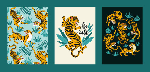 Vector poster set of tigers and tropical leaves. Trendy illustration. © Angelina Bambina