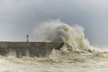 Stunning dangerous high waves crashing over harbor wall during windy Winter storm at Newhaven on English coast