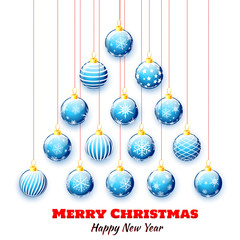 Christmas tree from blue Christmas balls background. Vector illustration