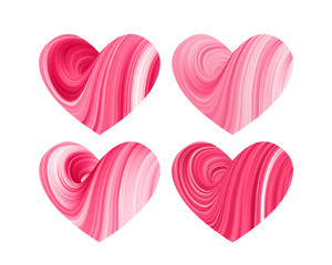 Vector illustration: Set of four 3D Red abstract twisted fluide shape of hearts on white background.