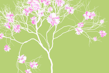 Blossoming cherry tree with spreading branches. Background for making banner, cover, brochure, card and advertising.