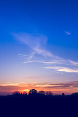 Sun behind trees at sunset with little clouds on blue sky