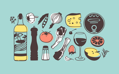 Handgezeichnete Illustration Kochwerkzeuge, Gerichte und Essen. Kreative Tinte Kunstwerk. Tatsächliche Vektorzeichnung. Küchenset mit Mahlzeiten