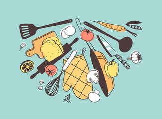 Hand drawn illustration cooking tools, dishes and food. Creative ink art work. Actual vector drawing. Kitchen set