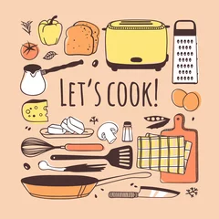 Deurstickers Koken Handgetekende illustratie kookgerei, gerechten, eten en offerte. Creatief inktkunstwerk. Werkelijke vector tekening. Keukenset en tekst LET& 39 S COOK