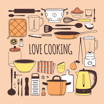 Hand drawn illustration cooking tools, dishes, food and quote. Creative ink art work. Actual vector drawing. Kitchen set and text LOVE COOKING