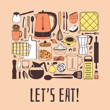 Hand drawn illustration cooking tools, dishes, food and quote. Creative ink art work. Actual vector drawing. Kitchen set and text LET'S EAT