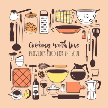 Hand drawn illustration cooking tools, dishes, food and quote. Creative ink art work. Actual vector drawing. Kitchen set and text COOKING WITH LOVE PROVIDES FOOD FOR THE SOUL