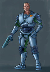 Concept art digital painting or illustration of science fiction futuristic military soldier character in armor holding pistol gun weapon.