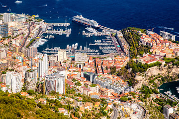 Aerial view of Kingdom of Monaco, view from La Turbie, landmark of Monaco, Monte-Carlo, port...