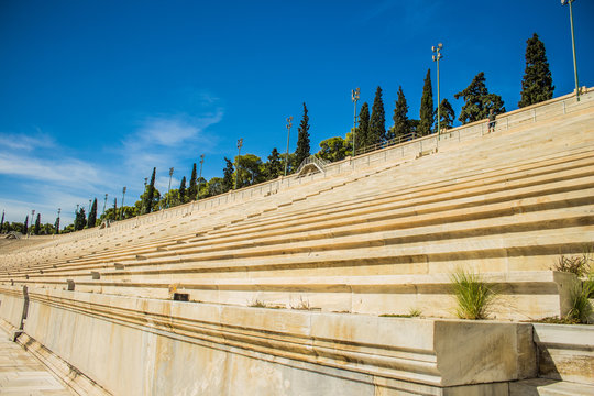 world heritage site tourism concept, antique marble tribune architecture object in stadium arena from ancient Greece times