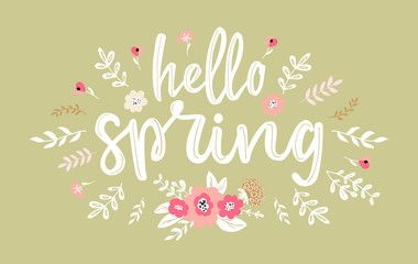 Hello Spring hand written lettering words.Hand drawn typography banner and spring season illustration with flowers and branches for greeting cards, tags, invitations, ad banners.