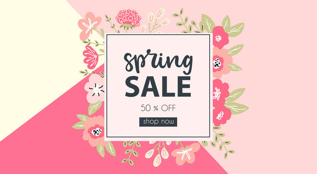 Spring Sale typography promo banner with hand lettered word spring and decorated with flowers and geometrical background in fresh and modern spring colors