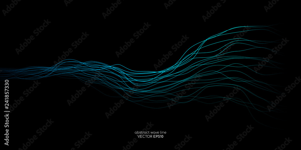 Poster Abstract vector wave lines green and blue colors isolated on black background for design elements in concept music, technology, modern, science. AI