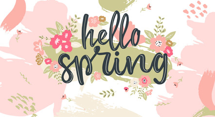 Hello Spring hand written lettering words.Hand drawn typography banner and spring season illustration with flowers and branches for greeting cards, tags, invitations, ad banners. © saltoli
