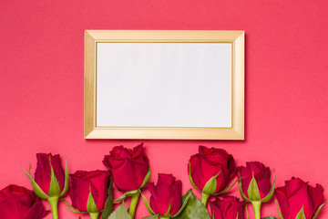 Valentines day, empty frame, seamless red background with red roses, message, free copy text space