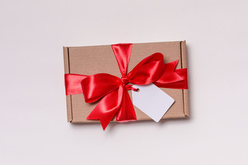 Valentines day romantic gift ribbon bow,gift tag,present, seamless white background,copy text space