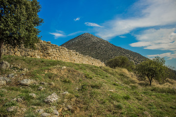 Peloponnese peninsula in Greece scenic nature landscape with lonely mountain and stone wall ruins...