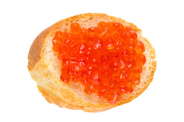 sandwich with red caviar, red caviar on baguette isolated on white background, close-up, top view