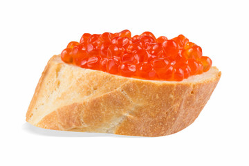 sandwich with red caviar, red caviar on baguette isolated on white background, close-up, side view