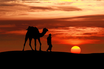 Fototapeta na wymiar Walking with camel through Thar Desert in India, Show silhouette and dramatic sky