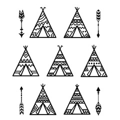 Teepee tents and arrows tribal tattoo collection. Wigwam ornamental design.  © Maroshka