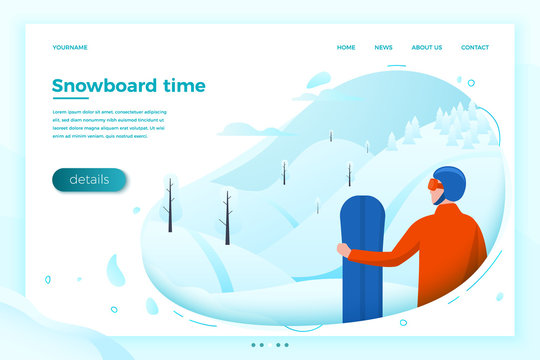 Vector illustration -  winter snowboard rider, looking forward to ride. Forests, trees and hills on white background. Banner, site, poster template with place for your text.