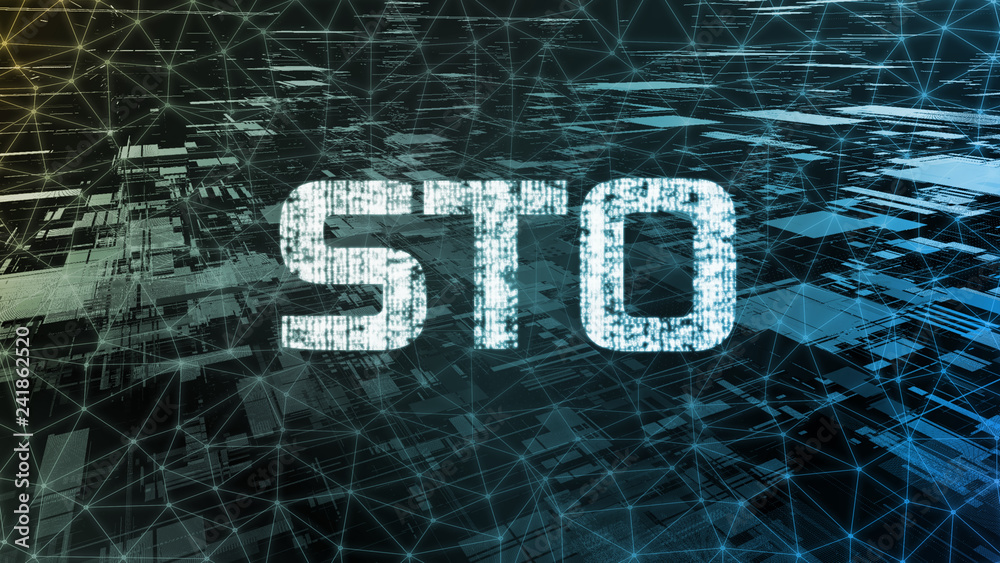 Poster security token offering (sto) text written in binary format on wired network connection over abstrac