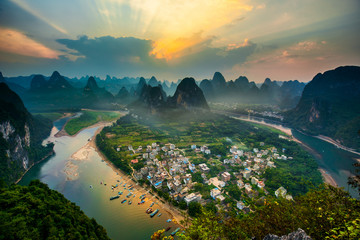Landscape of Guilin , Li River and Karst mountains called Laozhai mount, Guangxi Province, China