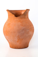 Old broken clay terracotta pot in village country style isolated on white