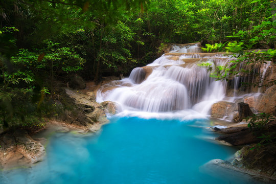 Erawan Waterfall in Thailand is locate in Kanchanaburi Provience. This waterfall is in Erawan national park © happystock