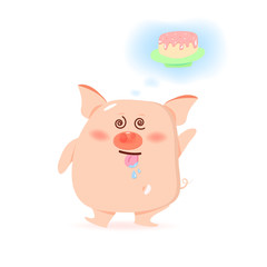 Pig hungry sweet cake, cute cartoon characters, Chinese New Year, year of the pig on white background vector illustration