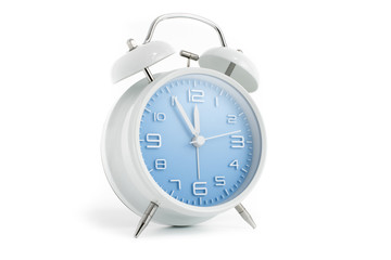Table alarm clock with time 5 to 12 with blue clock face, 11.55 AM PM, on white background