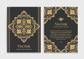 Gold vintage greeting card on a black background. Luxury vector ornament template. Mandala. Great for invitation, flyer, menu, brochure, postcard, wallpaper, decoration, or any desired idea.