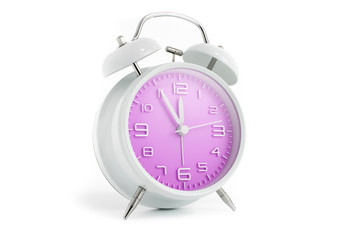 Table alarm clock with time 5 to 12 with pink clock face, 11.55 AM PM, on white background