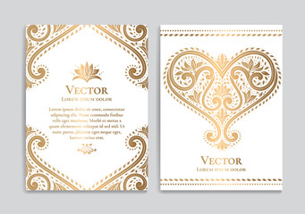 Gold and white vintage greeting card. Luxury vector ornament template. Great for invitation, flyer, menu, brochure, postcard, background, wallpaper, decoration, packaging or any desired idea.