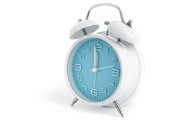 Table alarm clock with time 1 minute to 12 hours with blue clock face, 11.59 AM PM, on white background