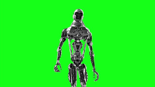 Running cyborg, walking robot render 3D on a green background