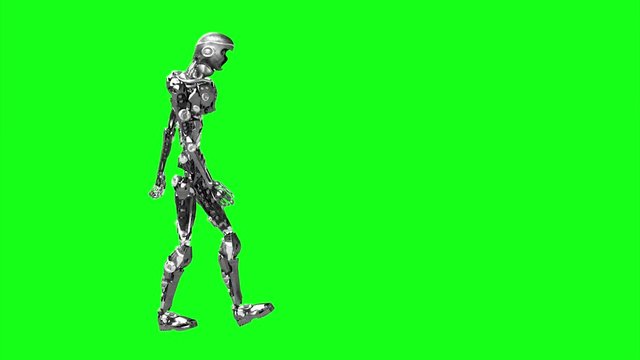 Running cyborg, walking robot render 3D on a green background