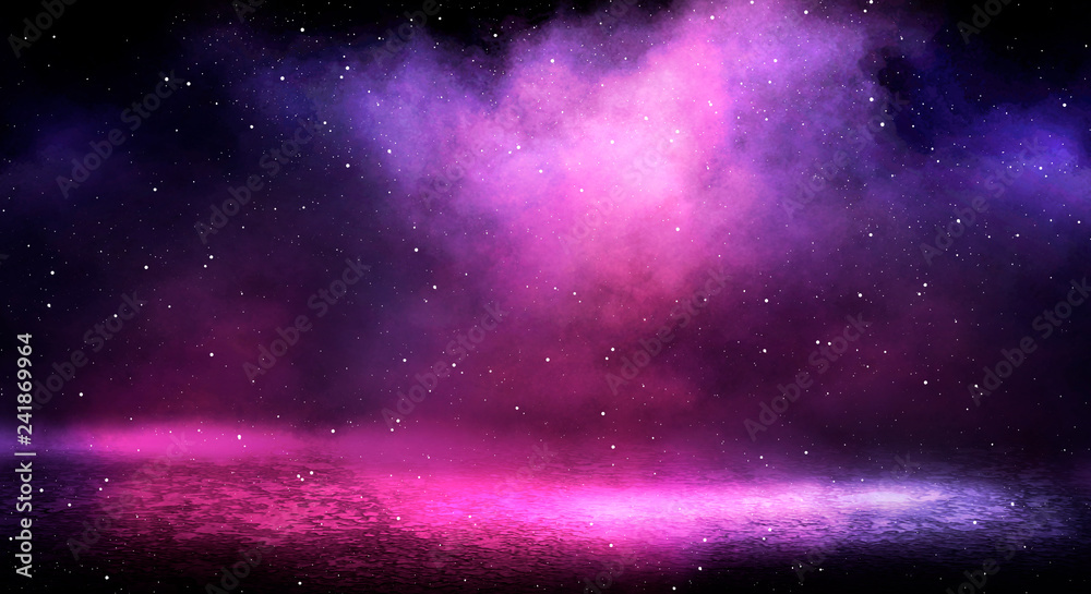 Wall mural background of empty room with spotlights and lights, abstract purple background with neon glow