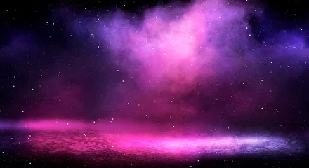 Foto op Plexiglas Achtergrond van lege ruimte met schijnwerpers en lichten, abstracte paarse achtergrond met neon gloed © MiaStendal