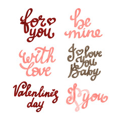 illustration Valentine's Day with watercolor lettering on white background.