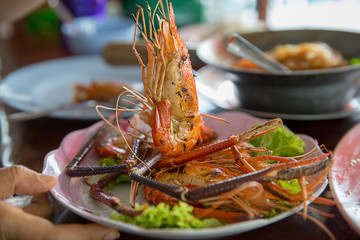Prawns, Grilled river shrimp or Thai shrimp on wooden background