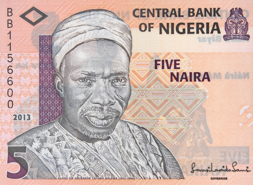 Nigeria 5 naira banknote. Nigerian money currency close up. Africa economy.