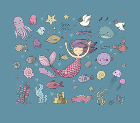 Obraz premium Zestaw ilustracji morskich. Mała syrenka kreskówka