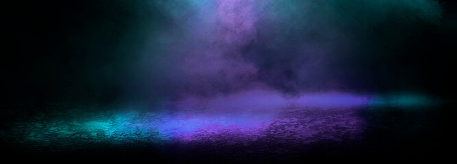 Background of empty room with spotlights and lights, abstract purple background with neon glow