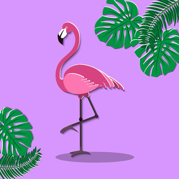 Flamingo Nature Papercraft plant leaves palm trees and monsters, vector illustration
