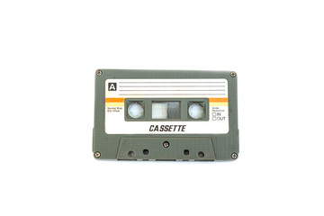 Vintage compact cassette tape on white background, Close up set of old audio tapes, Retro